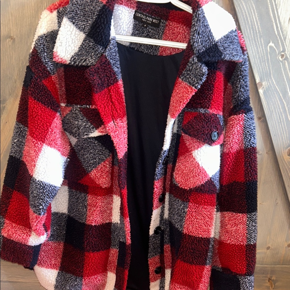 Central Park West Red and Black Plaid Sherpa Coat